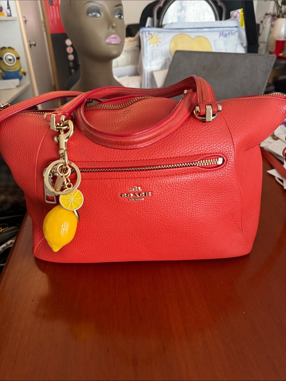 Coach Red Pebbled Leather Satchel with Lemon Charm